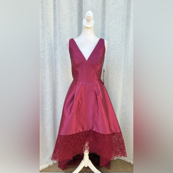 NWT ML Monique Lhuillier burgundy mulberry lace trim high low gown dress - Picture 2 of 13
